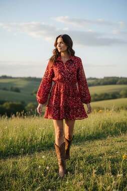 PLT Red Floral Ruffle Skirt Dress CottageCore Western Country Sz 6